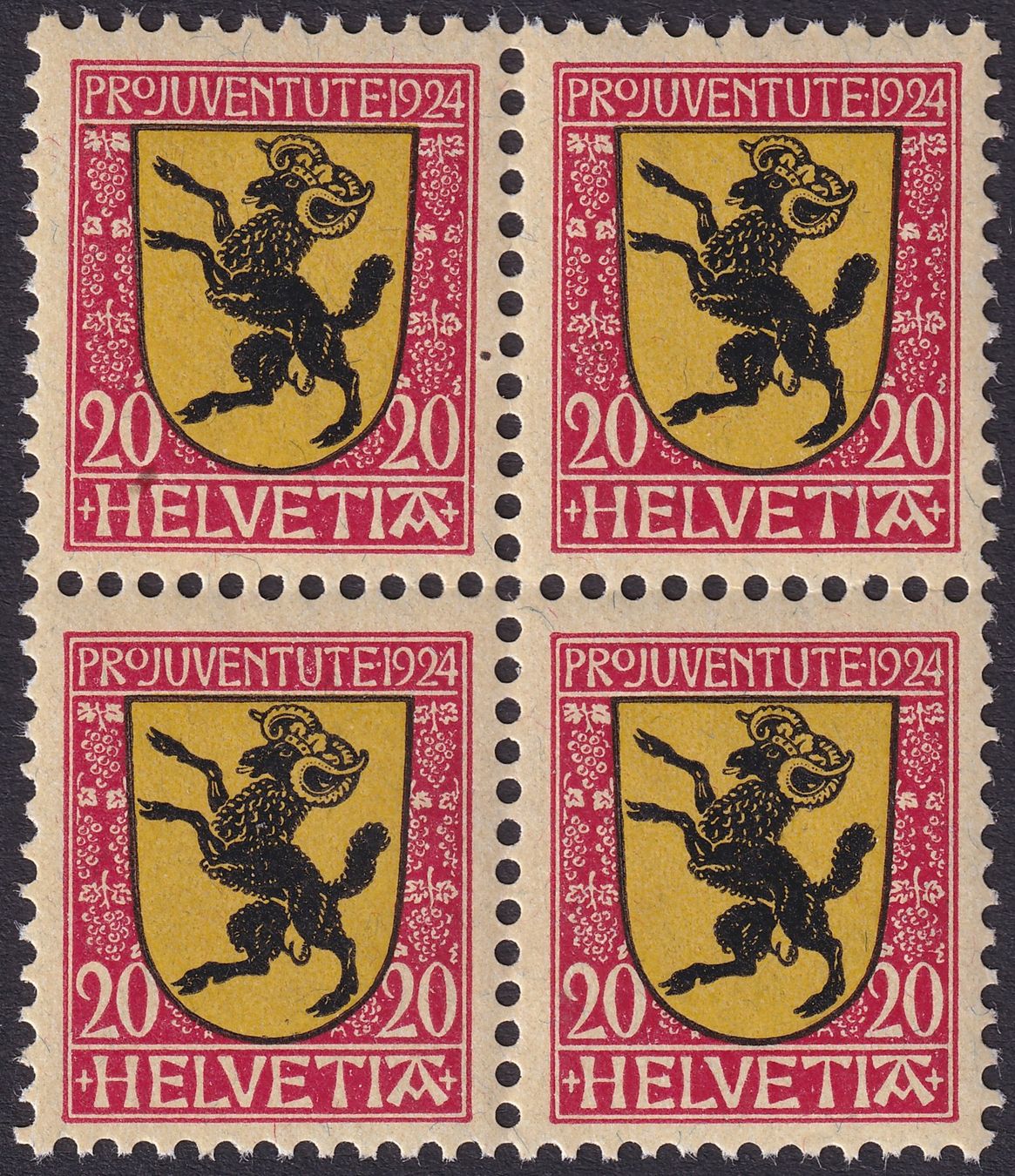 Tutti i francobolli: 1924, Pro Juventute J31, Viererblock ** postfrisch. – Usato da Sursee venduto da Luzernerraute