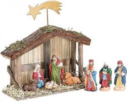 Weihnachtskrippe aus Porzellan - Stall aus Holz