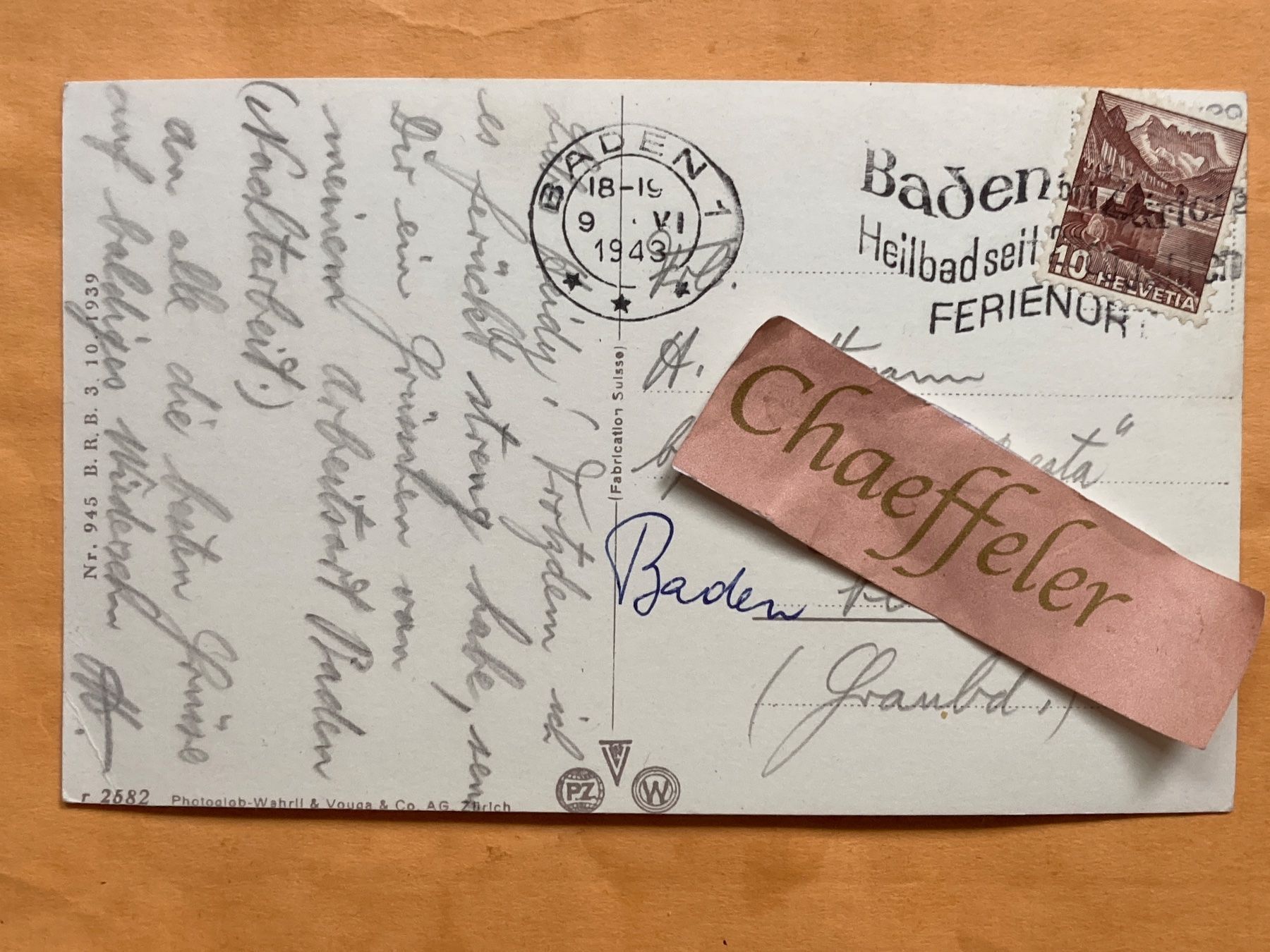 Cartoline postali: 1943 Baden – Usato da Zürich venduto da Chaeffeler 1