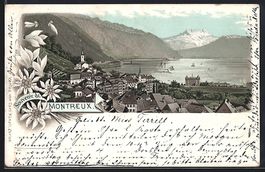 Lithographie Montreux, Panorama mit See