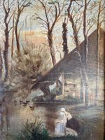 Tableau ancien, scène de rivière avec lavandière.