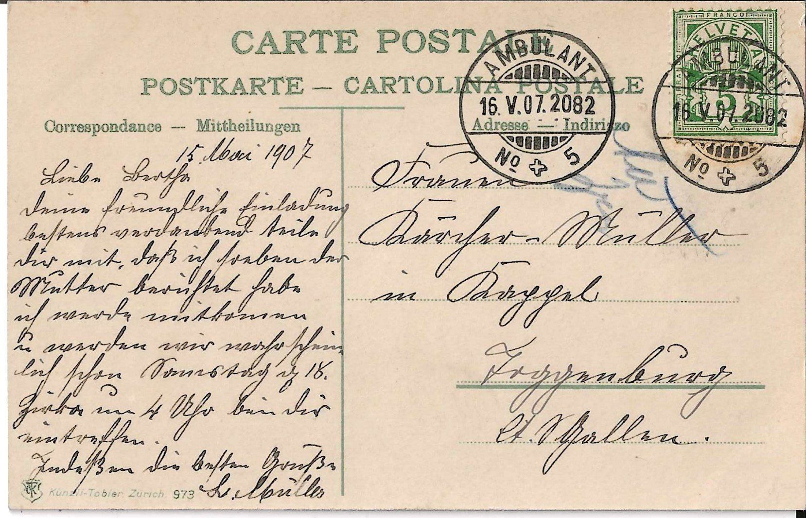 Cartoline postali: Karte Wädenswil  1907 – Usato da Zürich venduto da Philacat11 1