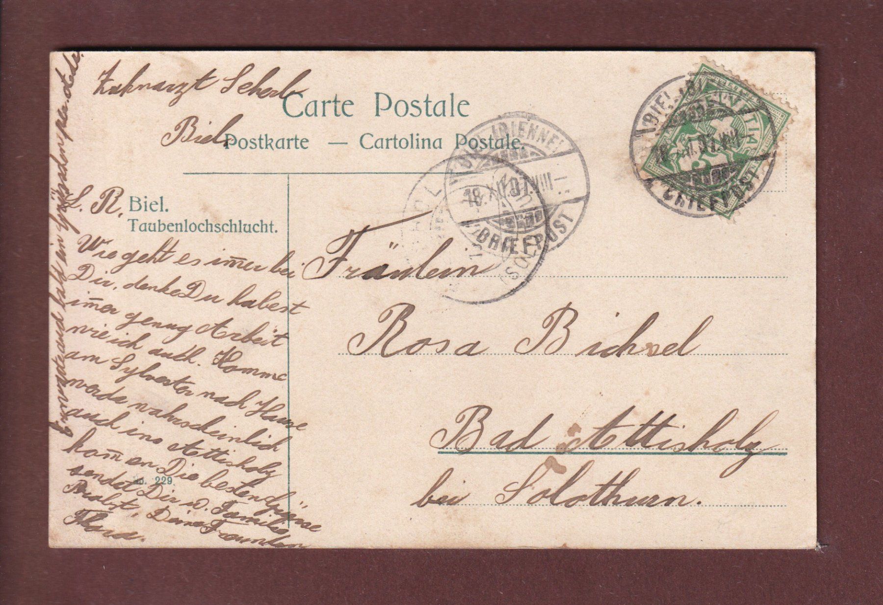 Cartoline postali: BIEL - Taubenlochschlucht - 1907 – Usato da Pully venduto da nicecards 1