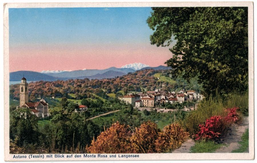 Cartoline postali: Astano con Monte Rosa e Lago Maggiore, verso 1920 – Usato da Frauenfeld venduto da POML
