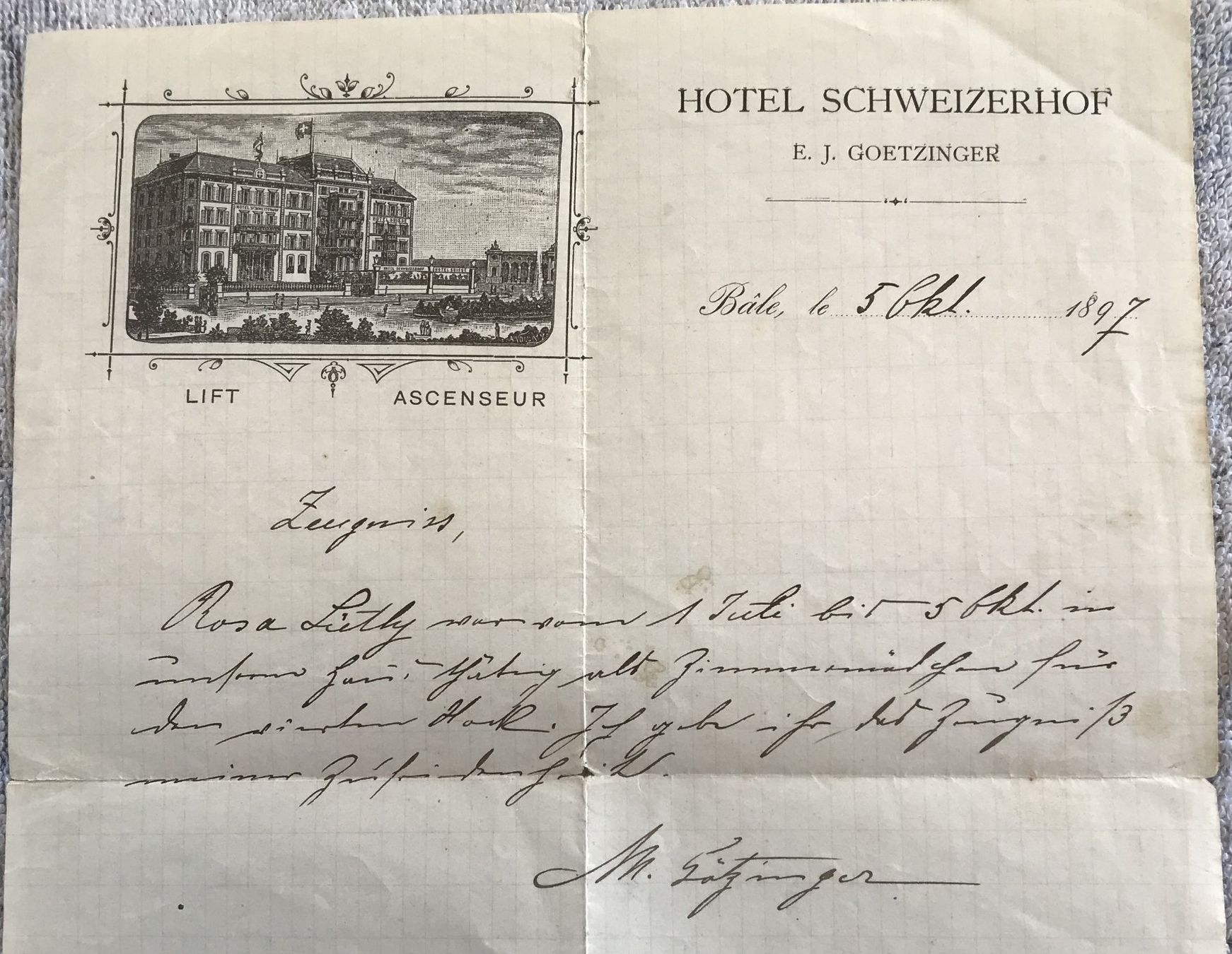 Dokumente: HOTEL SCHWEIZERHOF ZEUGNISS 1897 – Gebraucht aus Ostermundigen von wini63 1