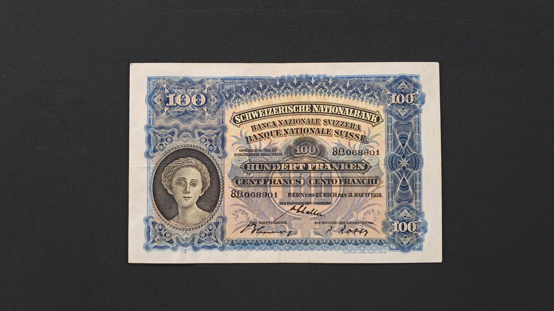 Banconote: Schweiz 100 Franken 1938 – Nuovo e nell'imballaggio originale da Lufingen venduto da E-Auktion