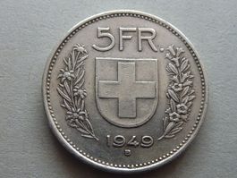5 Fr.  1949  rar nur o,40 Mio. Exemplare  -  ungereinigt  -