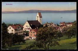 AK Wolfhalden, Ortsansicht mit See und Kirche