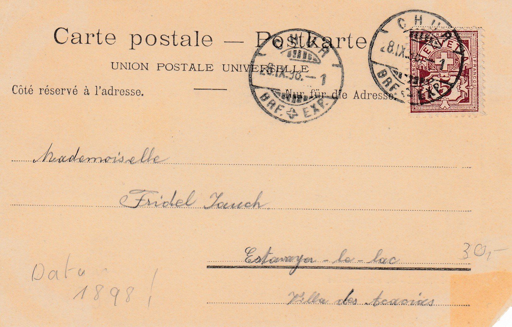 Cartoline postali: 1898 AK St. Moritz-See Innfall Engadin, l.u. fehlt die Ecke – Usato da Rheinfelden venduto da ricci62