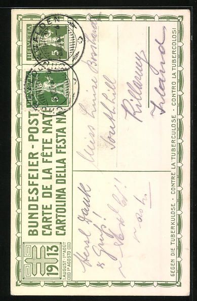 Cartoline postali: Schweizer Bundesfeier 1913, wehrhaftes B – Usato da Berlin venduto da bartko-reher 1