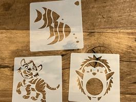 Neues 3er  Set Malschablonen Tierli, Igel, Löwe, Fische