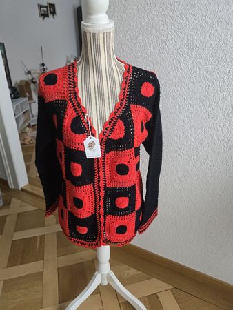 Cardigan cotton vintage tricoté à la main, rouge et noir, 
