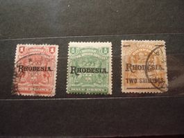 3 Marken British SA Company, Üdruck Rhodesia, bis 2 Schillin