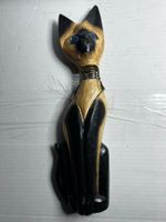 Katze aus Holz, Skulptur, Figur bemalt, Kopf beweglich