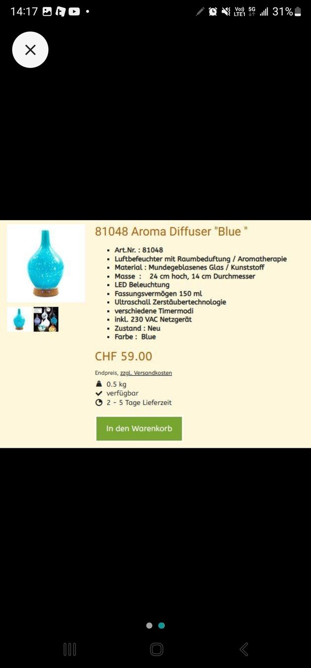 Duftöldiffusoren: Aroma Diffuser 81048 Glas blau, ätherische Öle Diffuserlampe – Gebraucht aus Zollikerberg von Nice_Name 1