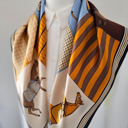 New 68cm Horse Print Silk Scarf, Equestrian Pattern Orange