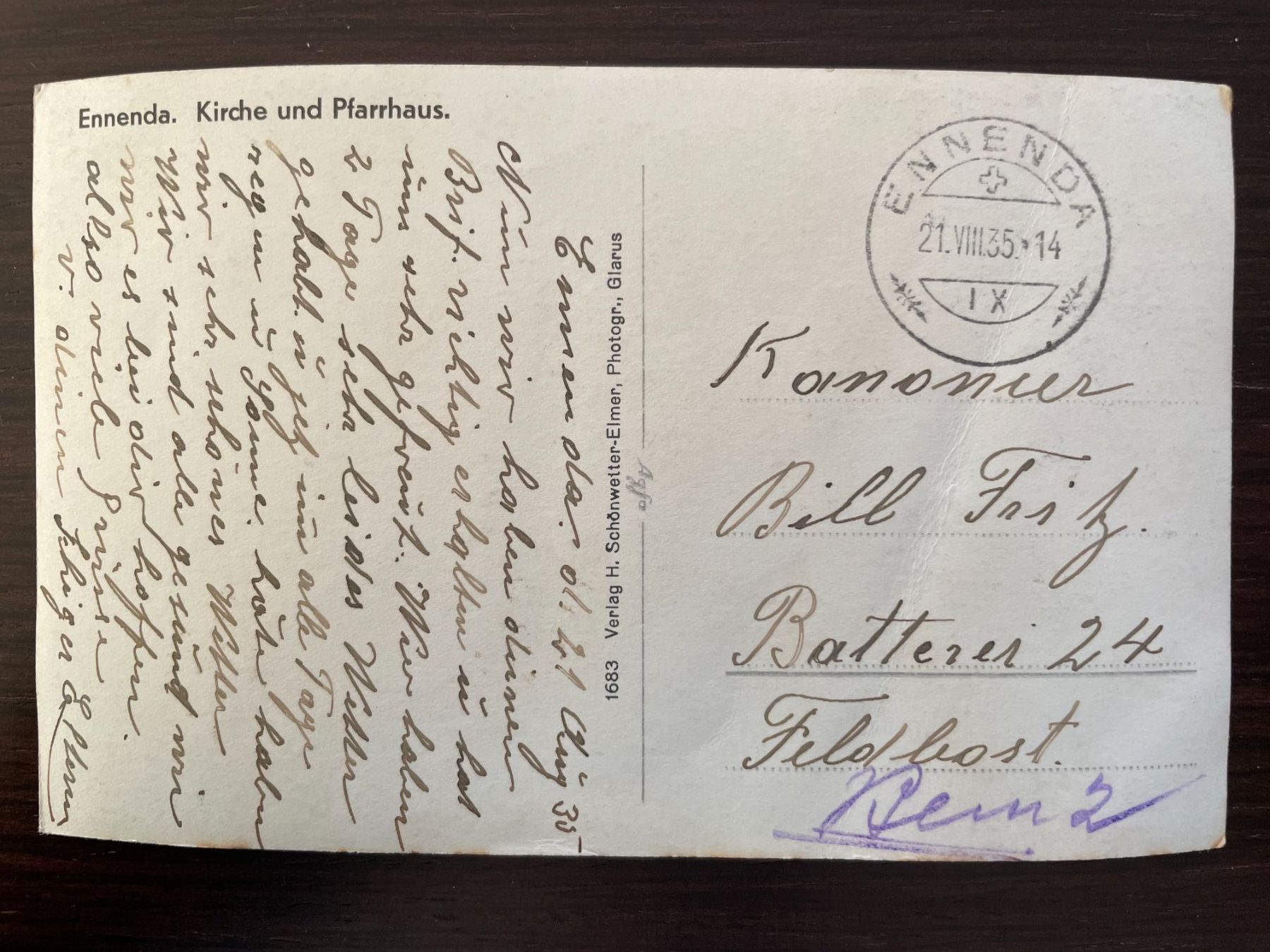 Cartoline postali: ENNENDA (GLARUS) 4 Ansichtskarten, Kirche & Friedhof – Usato da Wald ZH venduto da TLILEF 2