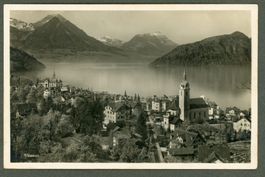 AK sw Vitznau LU Dorf mit Schrift „Hotel Kreuz“, See ≈ 1929