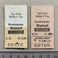 Krummenau - Wattwil, 2 entwertete Bahn Billette, SBB