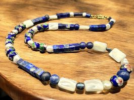 Unikat 💎 Halskette Lapislazuli, Perlmutt, Cloisonné-Perlen