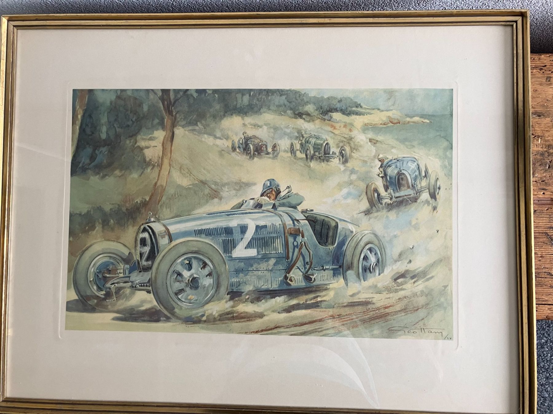 Grafica & Litografie: Bild einer Rennszene mit Bugatti. Litho. 74x56 cm mit Rahmen – Usato da Sarmenstorf venduto da sammler51