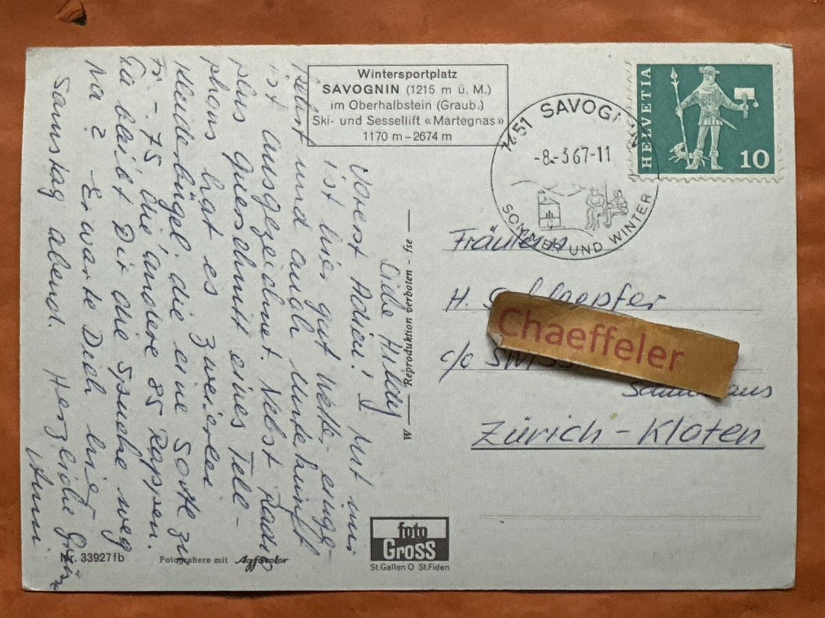 Cartoline postali: 1967 Savognin im Oberhalbstein, Wintersportplatz – Usato da Zürich venduto da Chaeffeler 1