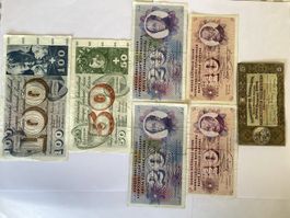 Set von 7 Schweizer Banknoten 5 Franken bis 100 Franken