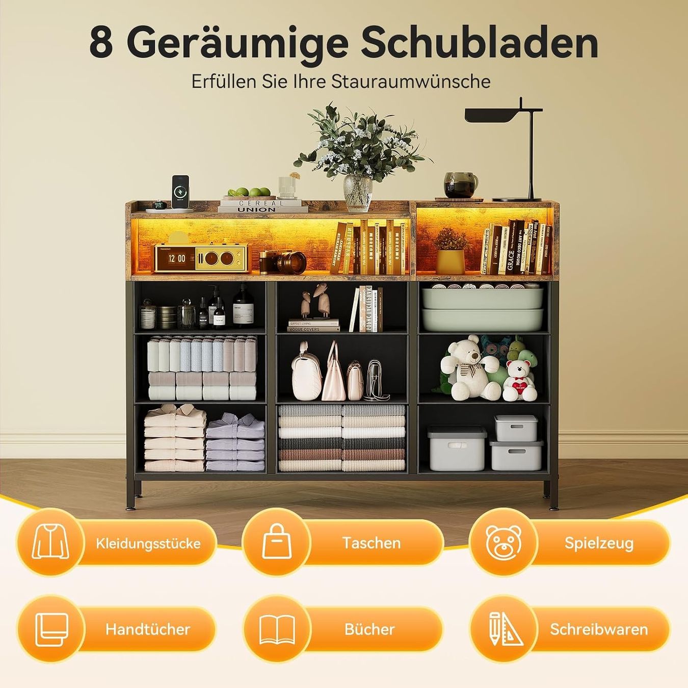 Cassettiere: Kommode 9 Stoffschubladen LED 2 USB 2 Steckdosen Vintage – Nuovo e nell'imballaggio originale da Schaffhausen venduto da Helvetiqo 6