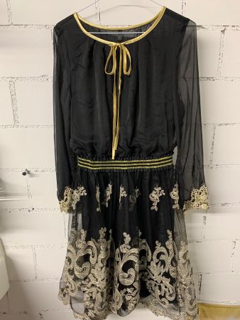 Cocktail Abend Party Kleid Seide Gold Spitze Satin Gr. 38