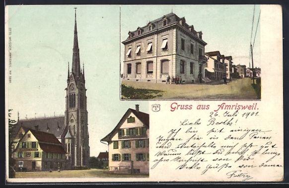 Ansichtskarten: AK Amrisweil, Kirche und Strassenpartie – Gebraucht aus Berlin von bartko-reher