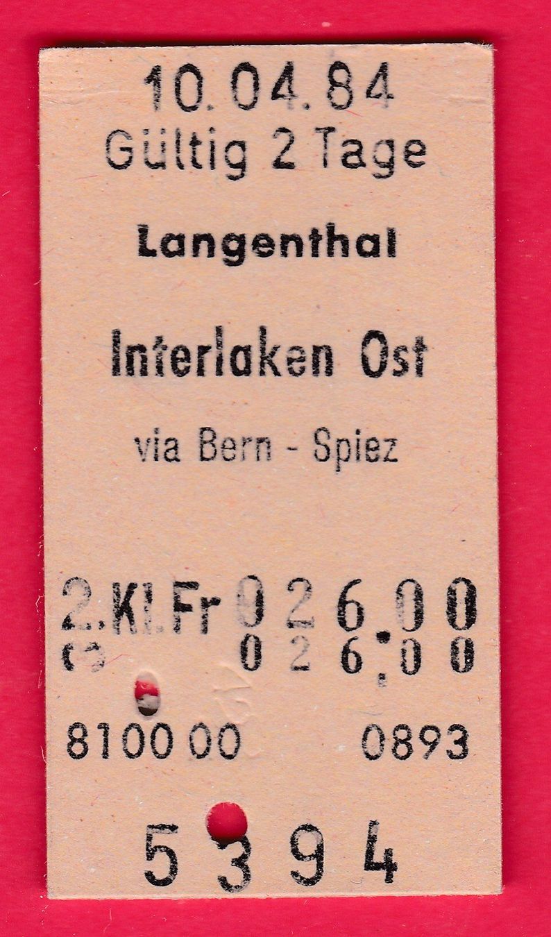 Billets: KARTON BILLETT, LANGENTHAL - INTERLAKEN OST, 2.KLASSE, EINFA – D'occasion à Oberrieden par Gebirgsstelze