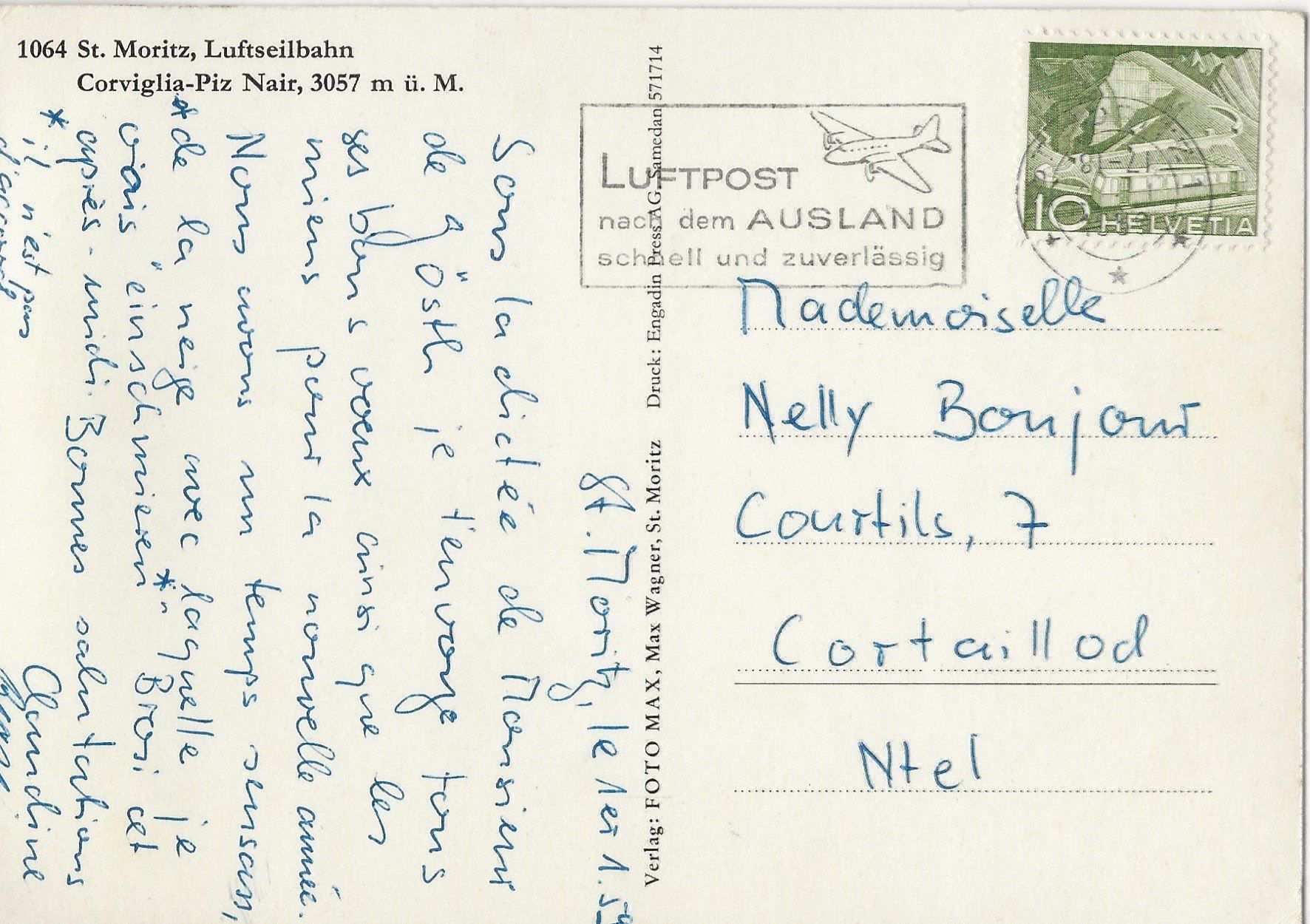 Ansichtskarten: St. Moritz,Luftseilbahn,Corviglia,1959 – Gebraucht aus Frauenfeld von Merk52 1