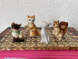 4 Stk. Kleine Porzellan Figuren Katzen Eichhörnchen Miniatur
