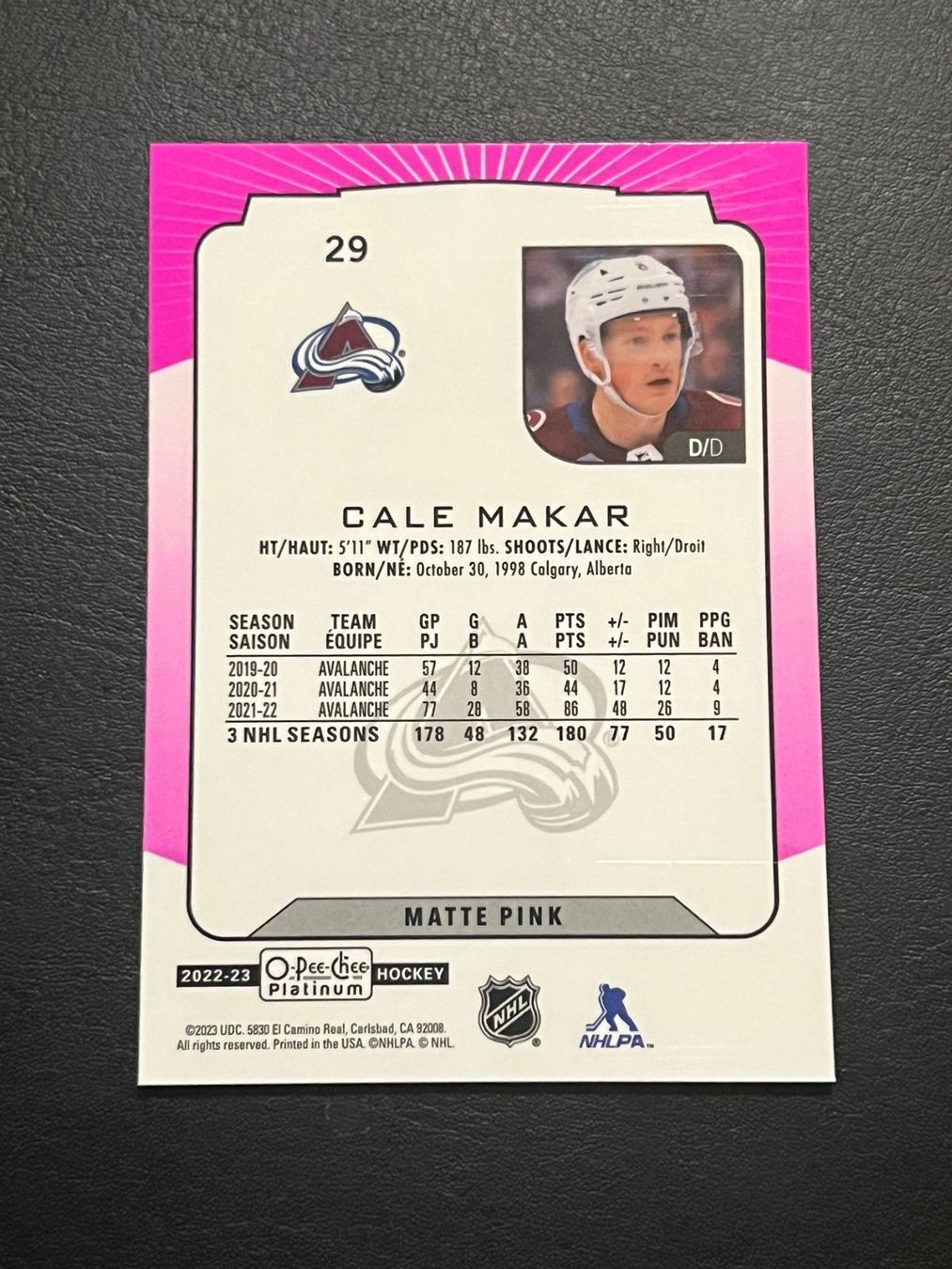 NHL Carte collezionabili: Cale Makar 2022 Matte Pink Colorado Avalanche – Nuovo (secondo la descrizione) da Möhlin venduto da SwissHockeyCards 1