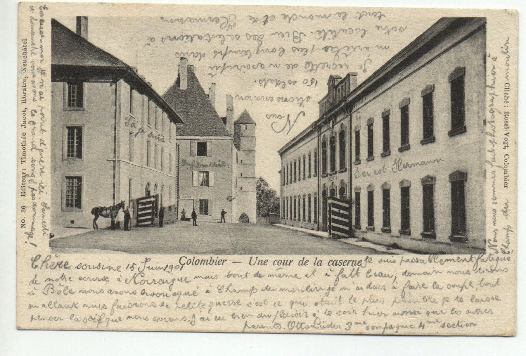 Cartoline postali: COLOMBIER Une cour de la caserne, Pferd – Usato da Jona venduto da philajona
