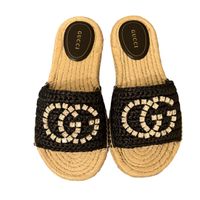 Gucci Espadrille Slides Black Straw GG Logo Summer Size 37