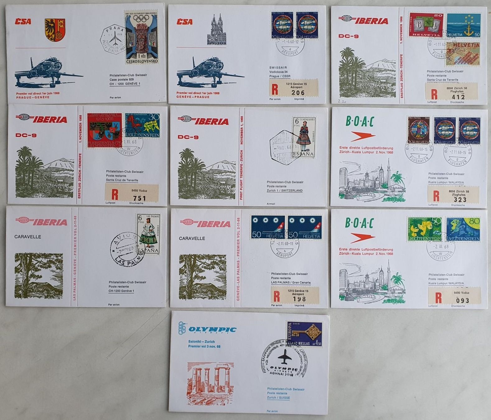 Alle Briefmarken: 10 Erstflüge 1968 – Gebraucht aus Fislisbach von Zigzag12