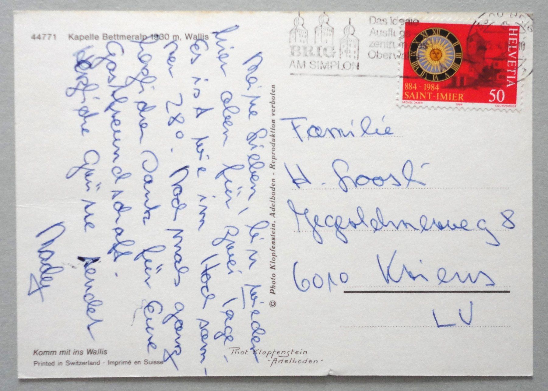 Cartoline postali: Kapelle Bettmeralp 1930 m – Usato da Fétigny venduto da Billy2miny 1