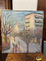 Tableau huile sur toile signé, scène urbaine hivernale 49