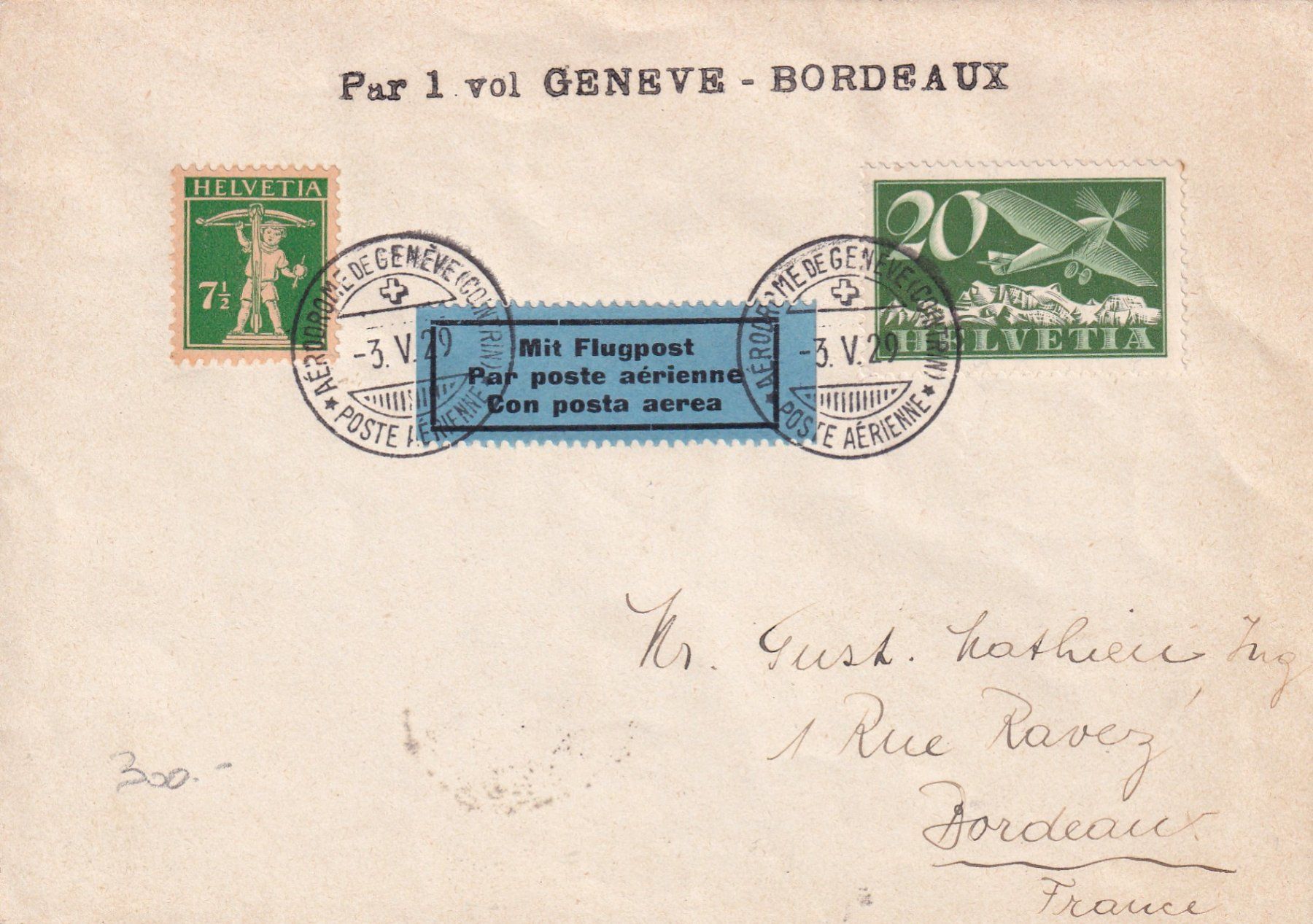 Alle Briefmarken: Flugpost Genève - Bordeaux – Gebraucht aus Birsfelden von chr_yq2g