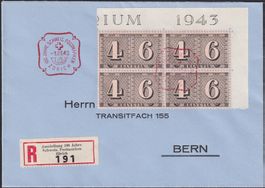 1943, Nr.258 (Viererblock) von Zürich, MAX WASSMER -Brief, R