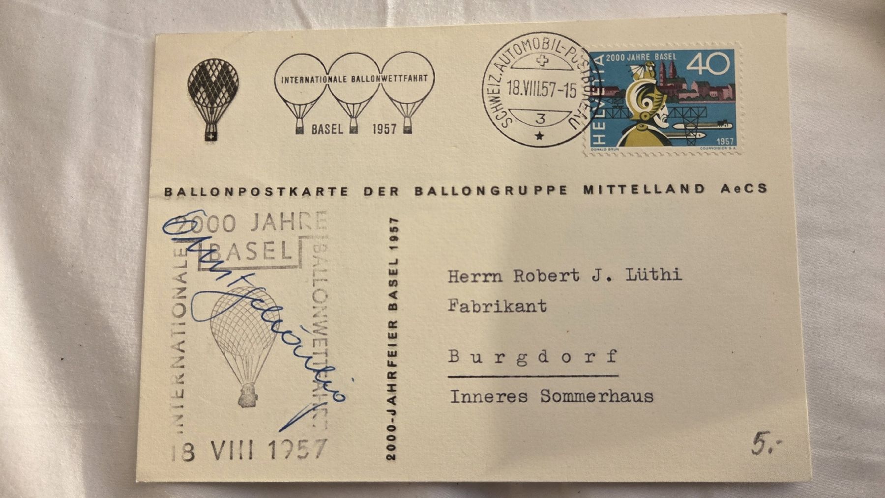 Tutti i francobolli: 1957 Ballonflug 2000 Jahre Basel – Usato da Arni AG venduto da Moth68