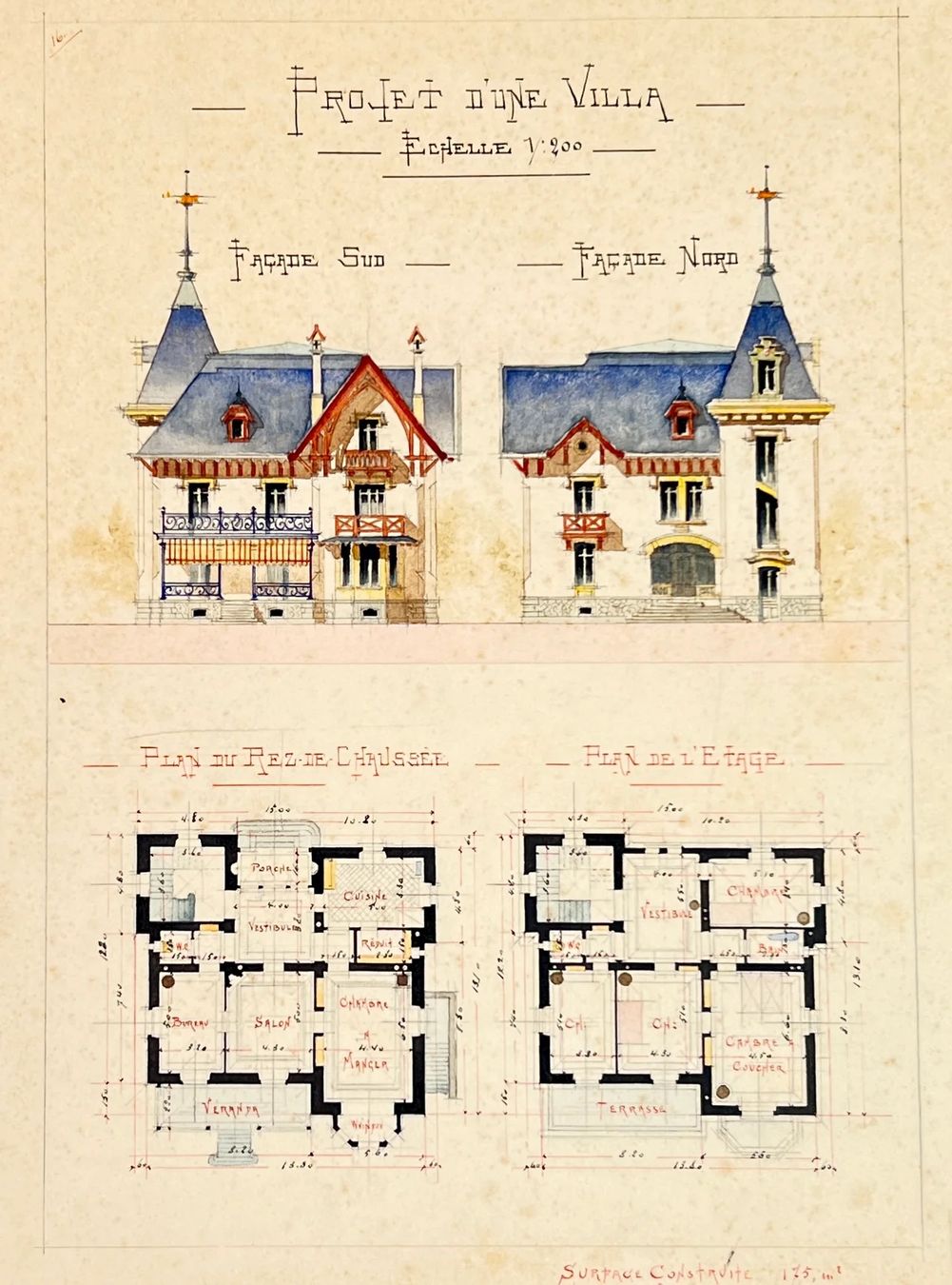 Dipinti: CH.PHILIPPIN DESSIN D'ARCHITECTURE "PROJET D'UNE VILLA" – Usato da Genève venduto da aic_p8ld 1