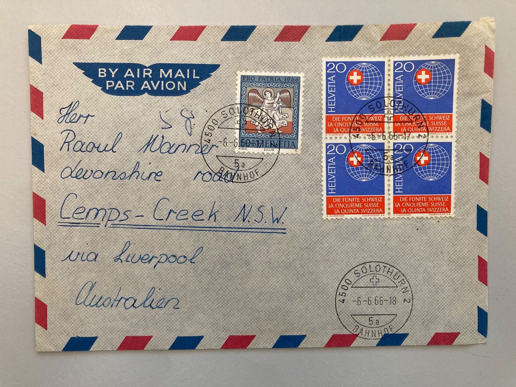 Tutti i francobolli: Luftpostbrief Block die fünfte Schweiz 1966 – Usato da Solothurn venduto da ehe_8spw