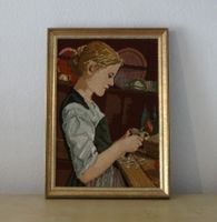 Bild: Blondes Mädchen Stick. Stil: "Albert Anker" Goldrahmen