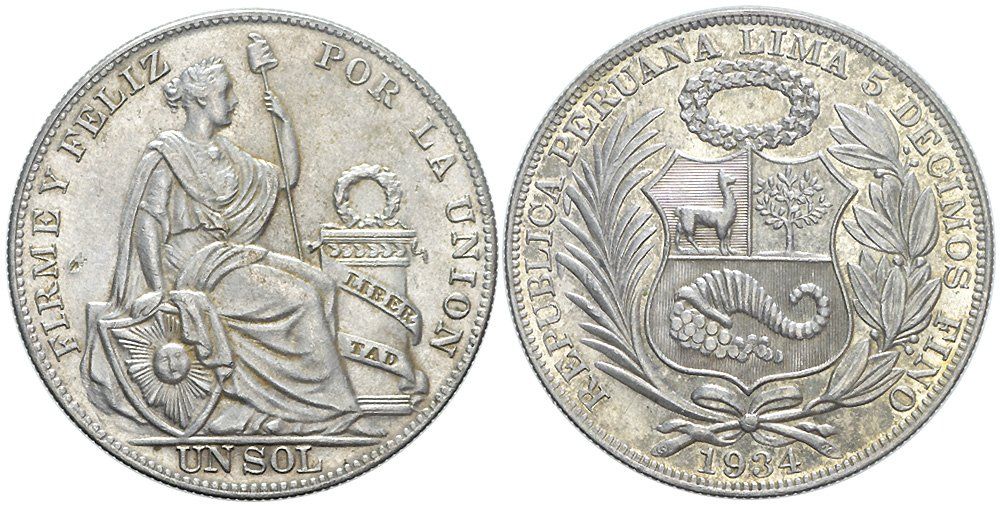 Tutti le monete: Peru, 1 Sol 1934 (007) – Usato da Chiasso venduto da Novamarketing