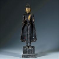 Stehender Burma Buddha aus Teakholz 92 cm Lehrgeste Myanmar