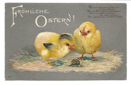 Fröhliche Ostern - Küken  Schnecke  Spruch  Präge-Litho 1909