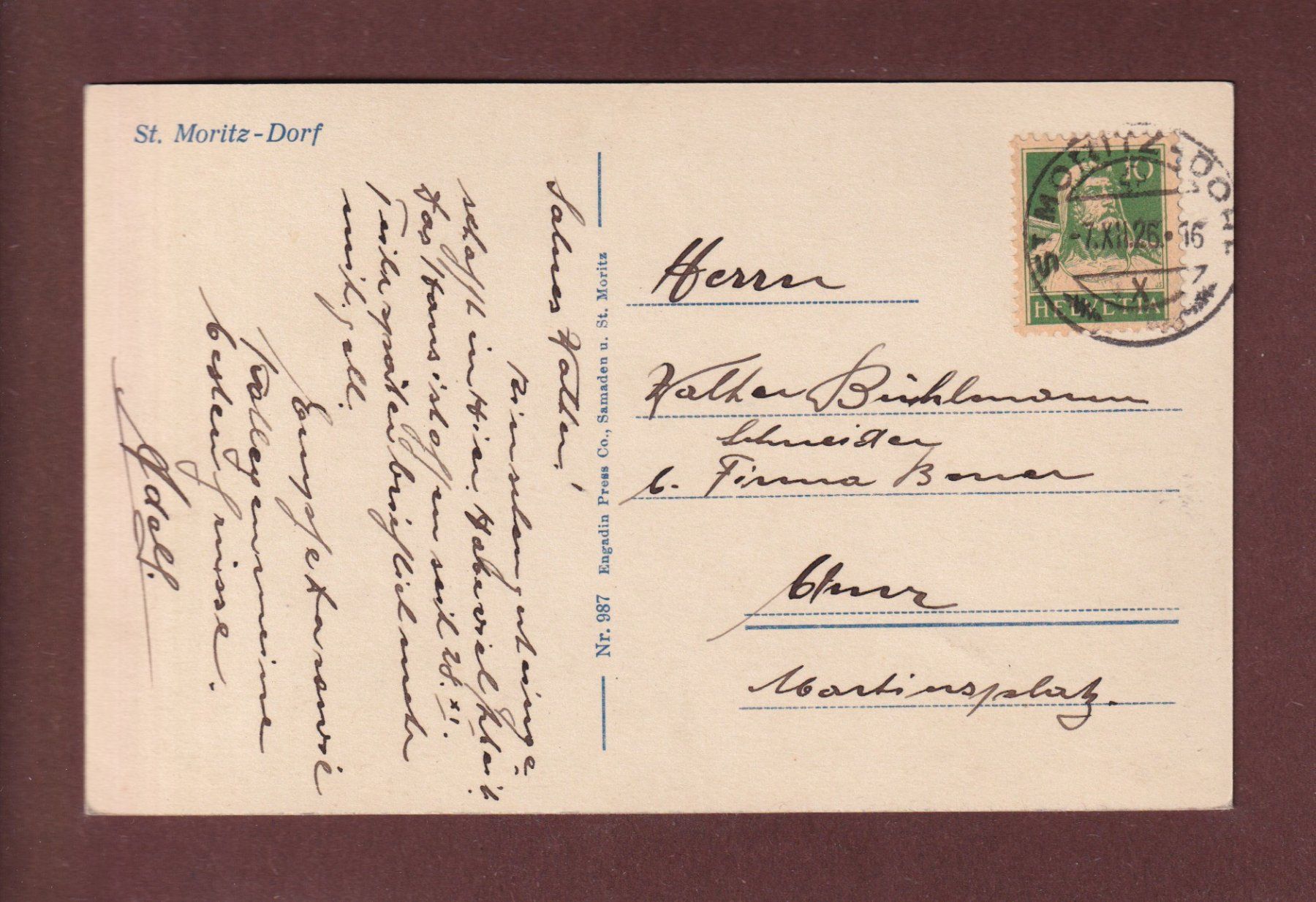 Cartes postales: ST. MORITZ-DORF - 1926 – D'occasion à Pully par nicecards-shop 1