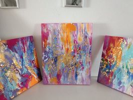 3 Acrylbilder auf Leinwand 40x40 cm mit gold & orange